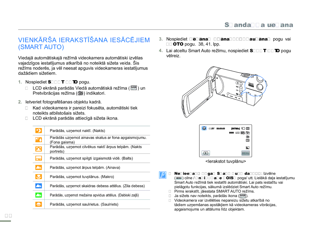 Samsung HMX-H304BP/EDC manual Vienkārša Ierakstīšana Iesācējiem Smart Auto, Ierakstot tuvplānu 