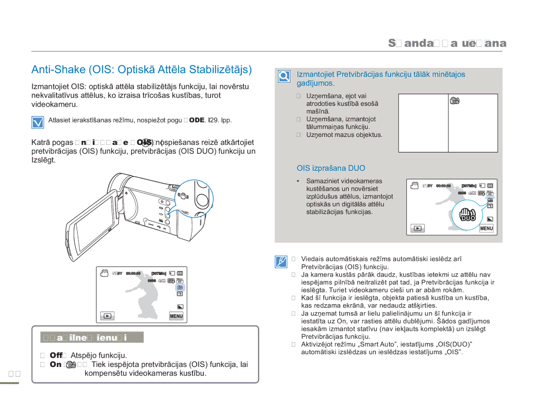 Samsung HMX-H304BP/EDC manual Anti-Shake OIS Optiskā Attēla Stabilizētājs, Apakšizvēlnes vienumi 