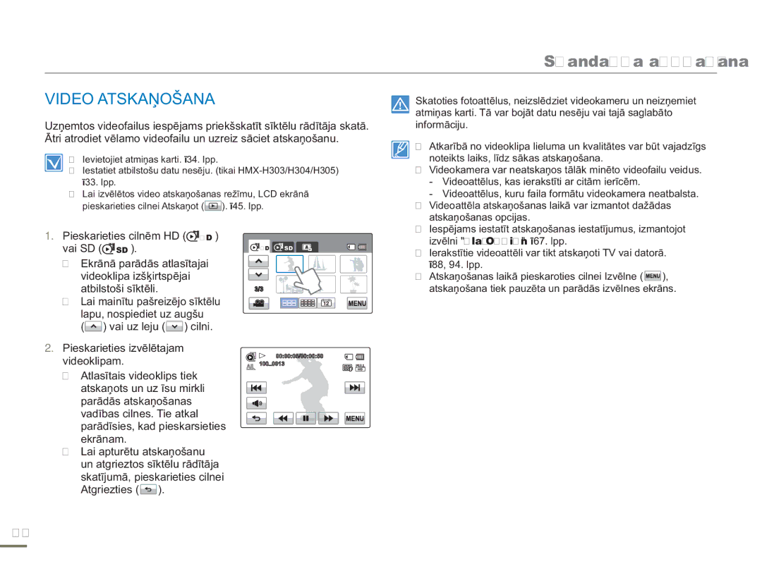 Samsung HMX-H304BP/EDC manual Standarta atskaņošana, Video Atskaņošana 