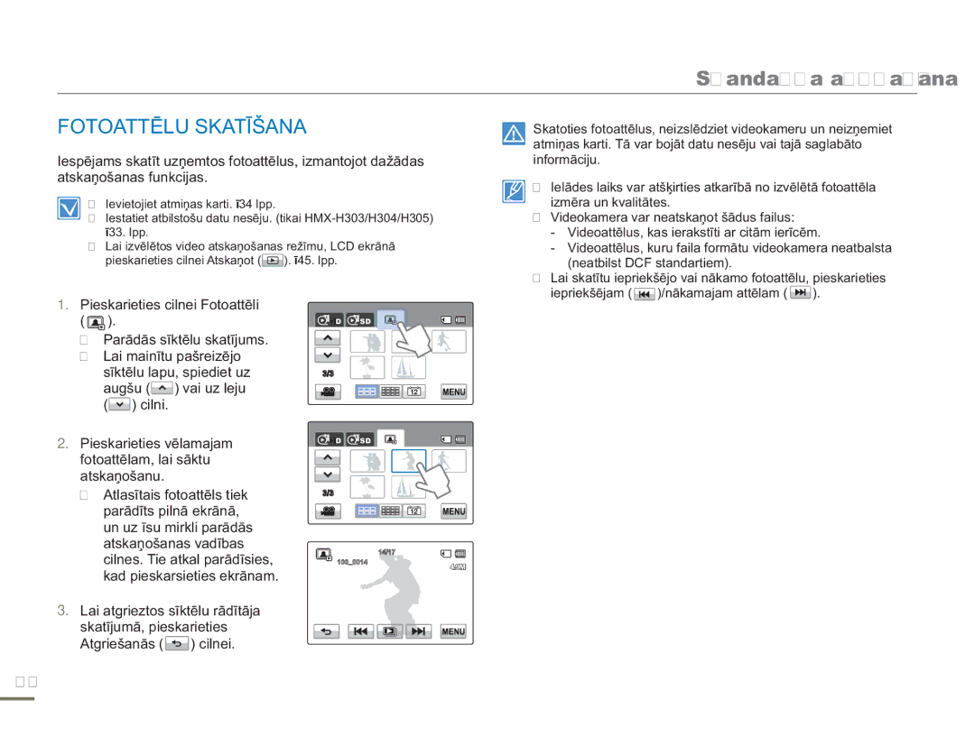 Samsung HMX-H304BP/EDC manual Fotoattēlu Skatīšana, Izmēra un kvalitātes, Neatbilst DCF standartiem 