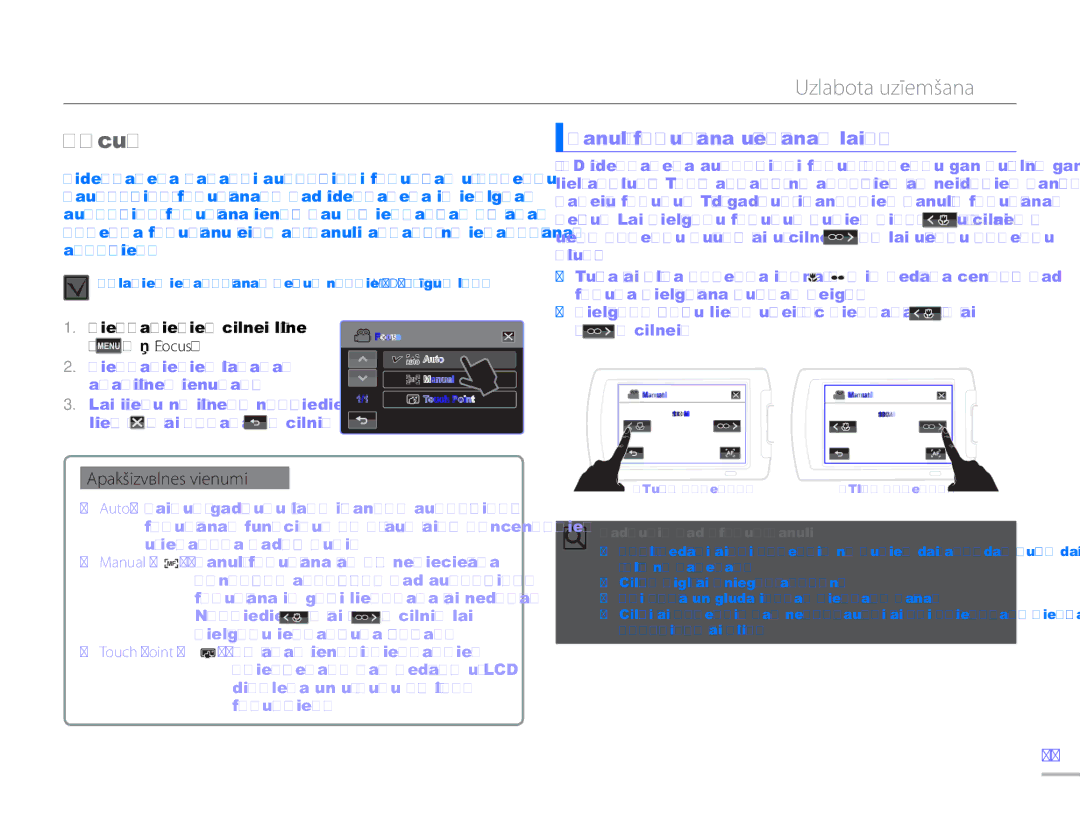 Samsung HMX-H304BP/EDC manual Focus, Manuālā fokusēšana uzņemšanas laikā, Cilnei 