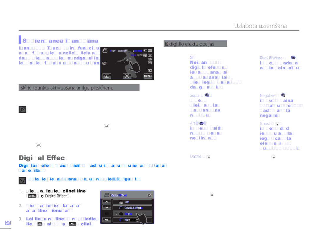 Samsung HMX-H304BP/EDC manual Digital Effect, Skārienpaneļa izmantošana, Digitālo efektu opcijas 