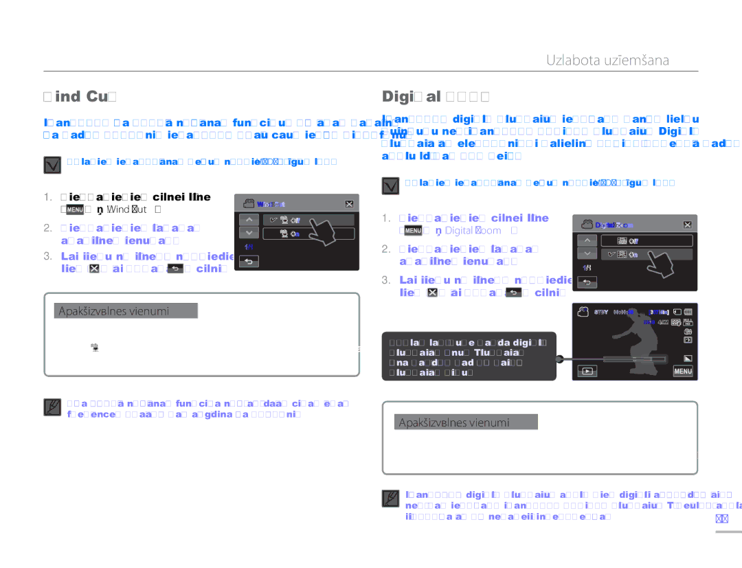 Samsung HMX-H304BP/EDC manual Wind Cut, Digital Zoom, Pieskarieties cilnei Izvēlne Pieskarieties vēlamajam 