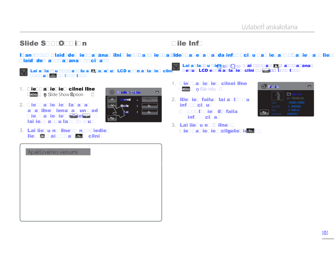 Samsung HMX-H304BP/EDC manual Slide Show Option, Pieskarieties cilnei Izvēlne File Info 