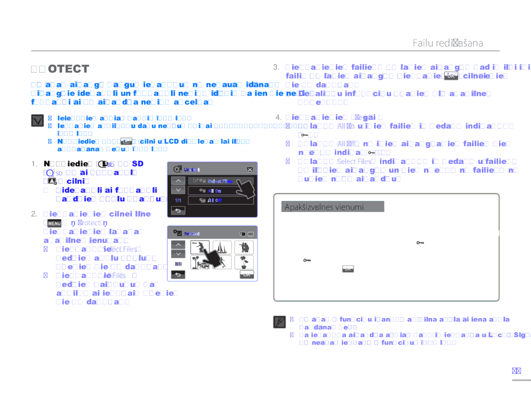 Samsung HMX-H304BP/EDC manual Failu rediģēšana, Protect, Atlasot Select Files, indikators ir redzams uz failiem 