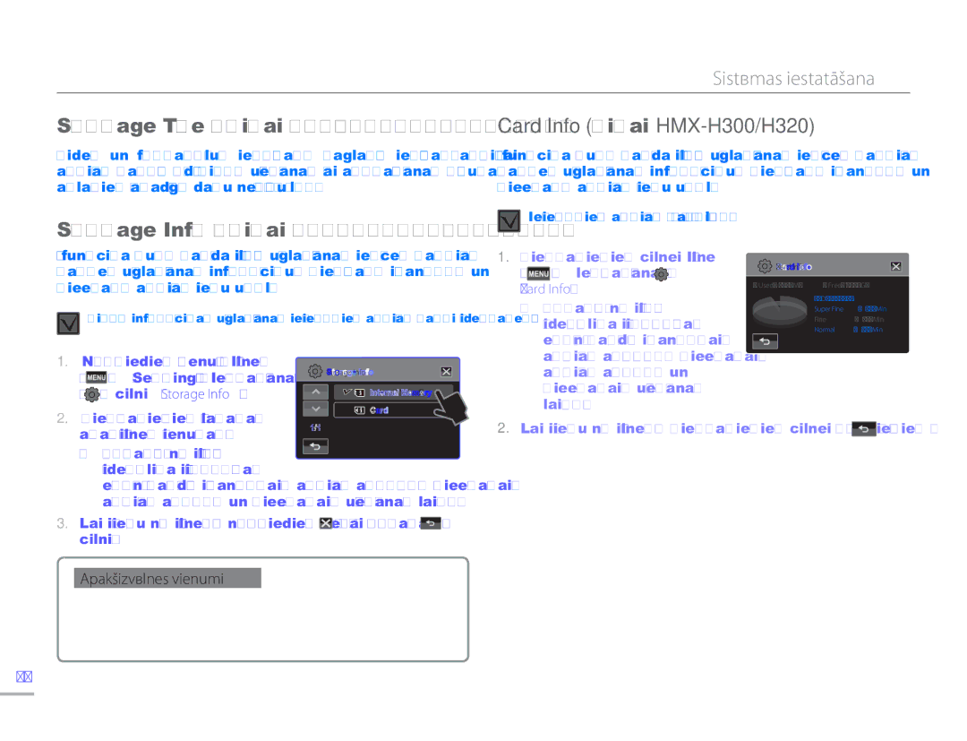 Samsung HMX-H304BP/EDC manual Sistēmas iestatīšana, Storage Type tikai HMX-H303/H304/H305, Card Info tikai HMX-H300/H320 