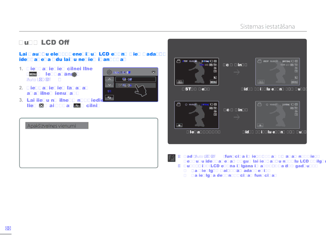 Samsung HMX-H304BP/EDC manual Pieskarieties cilnei Izvēlne Iestatīšana Auto LCD Off 