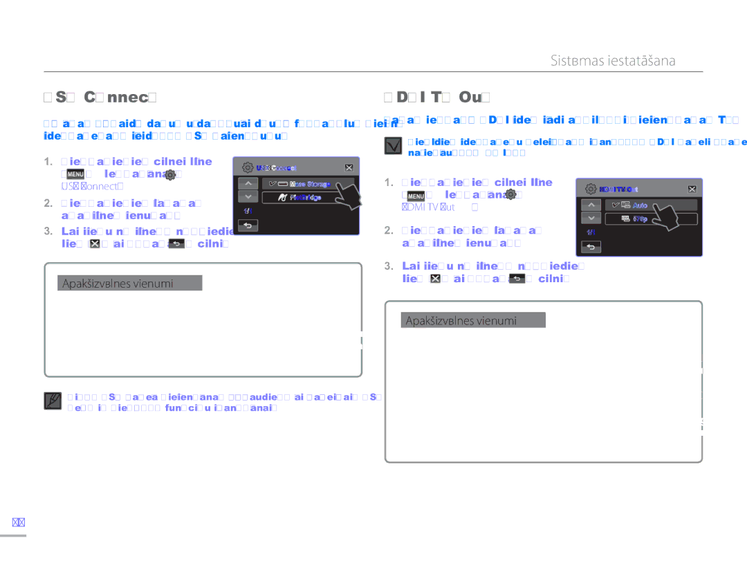 Samsung HMX-H304BP/EDC manual Hdmi TV Out, Pieskarieties cilnei Izvēlne Iestatīšana USB Connect 