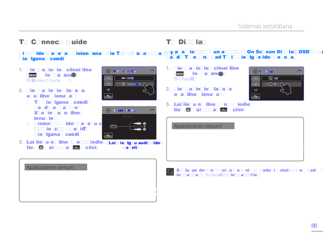 Samsung HMX-H304BP/EDC manual TV Connect Guide, Pieskarieties cilnei Izvēlne Iestatīšana TV Display 