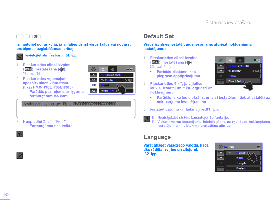 Samsung HMX-H304BP/EDC manual Format, Default Set, Language, Apakšizvēlnes vienumi tikai HMX-H303/H304/H305 