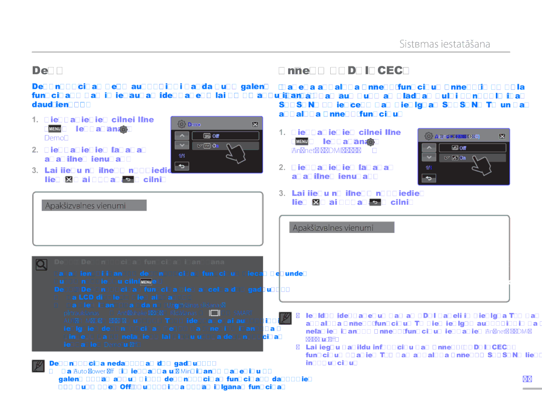 Samsung HMX-H304BP/EDC manual Anynet+ HDMI-CEC, Pieskarieties cilnei Izvēlne Iestatīšana Demo 