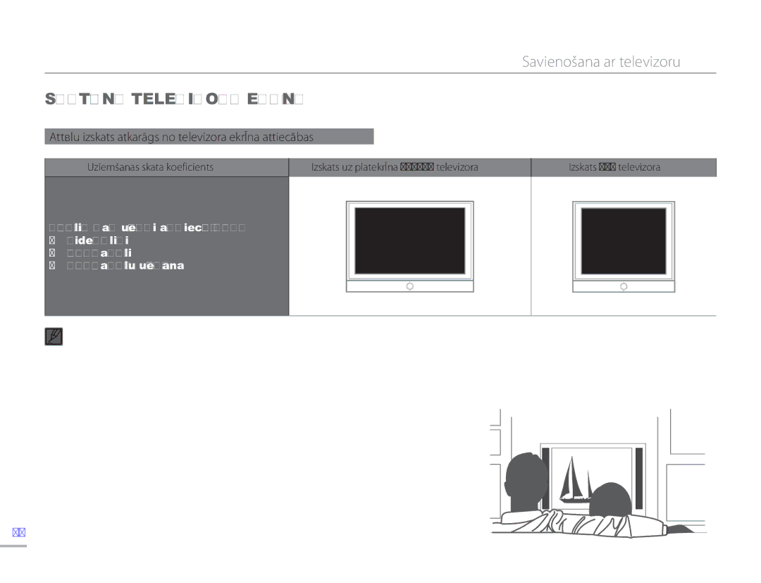 Samsung HMX-H304BP/EDC manual Skatīšana Televizora Ekrānā, Attēlu izskats atkarīgs no televizora ekrāna attiecības 