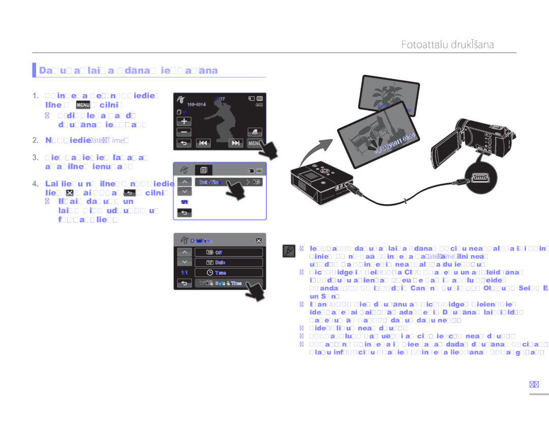 Samsung HMX-H304BP/EDC manual Fotoattēlu drukāšana, Datuma/laika rādīšanas iestatīšana 