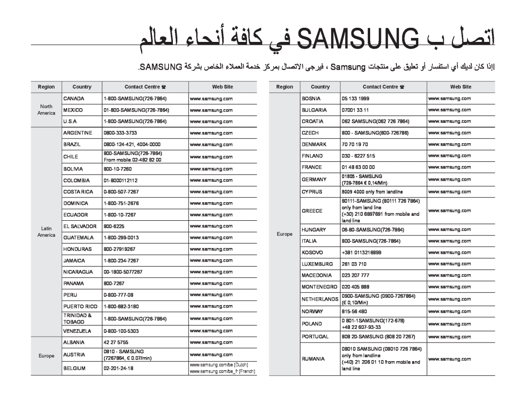 Samsung HMX-H300SP/AAW, HMX-H304BP/MEA ملاعلا ءاحنأ ةفاك يف Samsung ب لصتا, Region, Country, Contact Centre , Web Site 