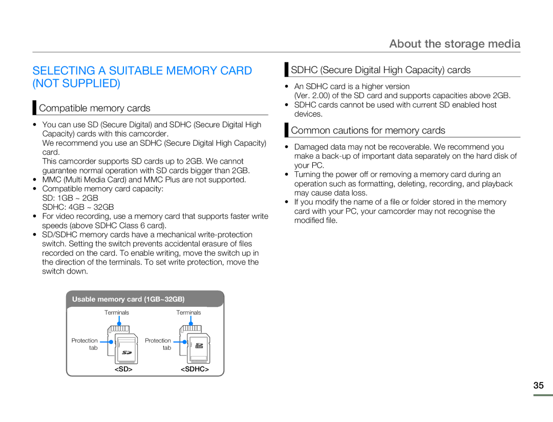 Samsung HMX-H300SP/EDC, HMX-H304SP/MEA manual Selecting a Suitable Memory Card not Supplied, Compatible memory cards 