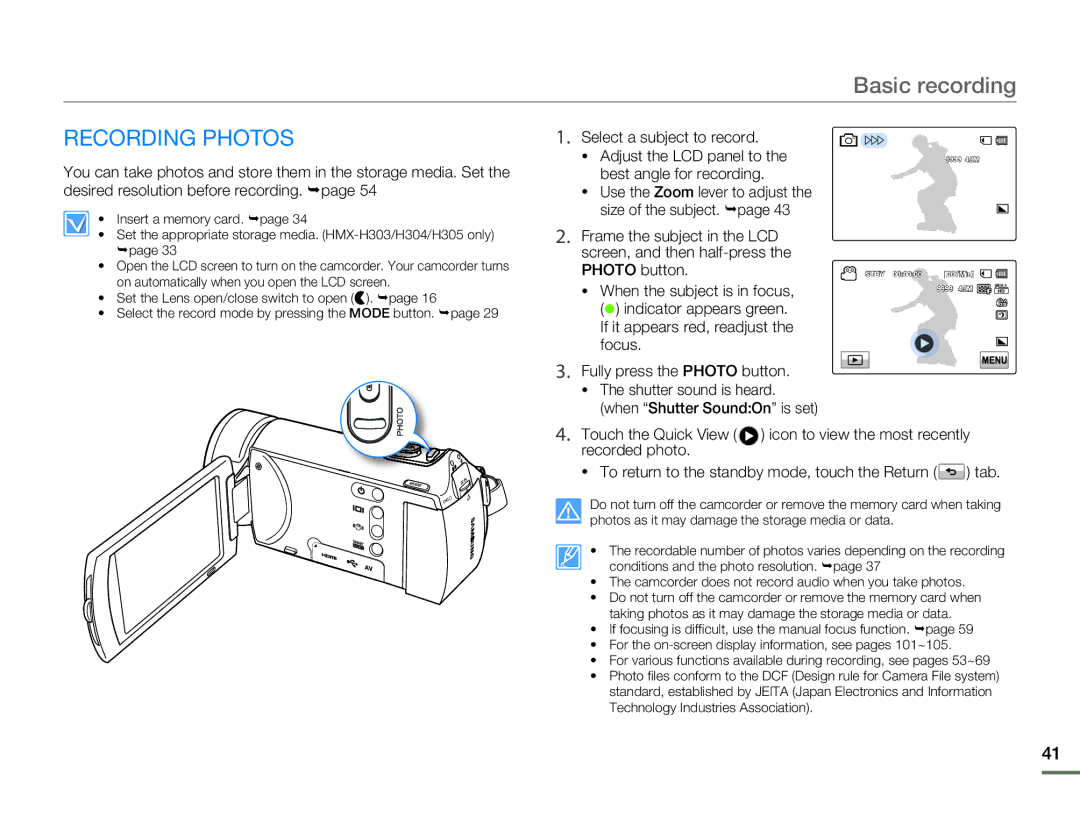 Samsung HMX-H300SP/AAW, HMX-H304SP/MEA manual Recording Photos, Select a subject to record, When the subject is in focus 