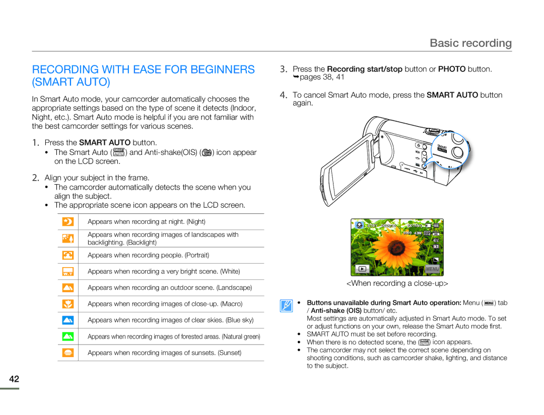 Samsung HMX-H300SP/MEA, HMX-H304SP/MEA manual Recording with Ease for Beginners Smart Auto, When recording a close-up 