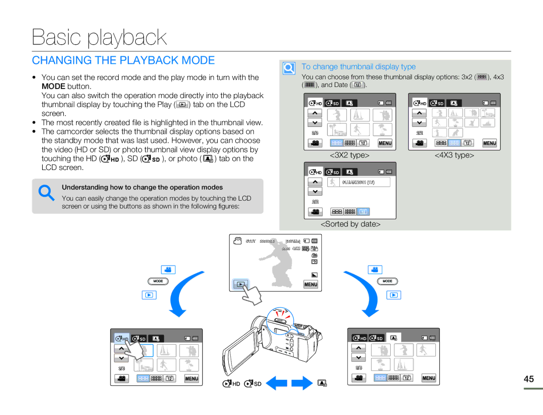 Samsung HMX-H304BP/XSV manual Basic playback, Changing the Playback Mode, To change thumbnail display type, Sorted by date 