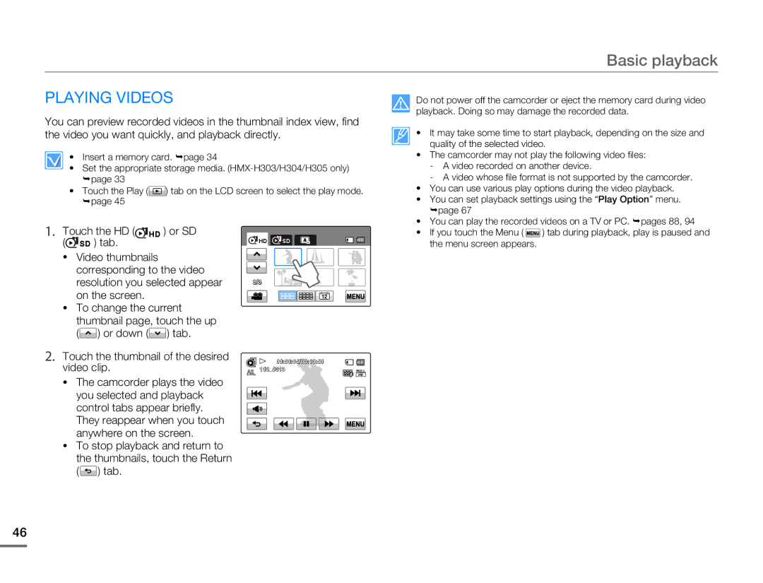 Samsung HMX-H304BP/XER, HMX-H304SP/MEA, HMX-H300BP/EDC, HMX-H300RP/EDC, HMX-H304BP/EDC manual Basic playback, Playing Videos 