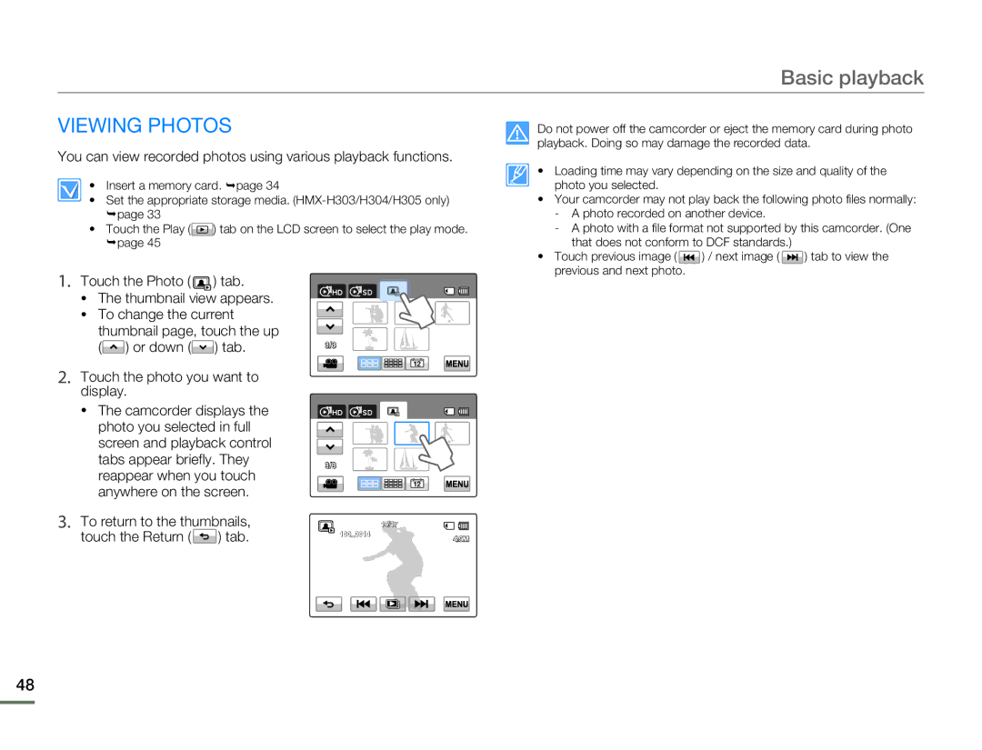 Samsung HMX-H305BP/XER, HMX-H304SP/MEA, HMX-H300BP/EDC, HMX-H300RP/EDC Viewing Photos, Touch the photo you want to display 