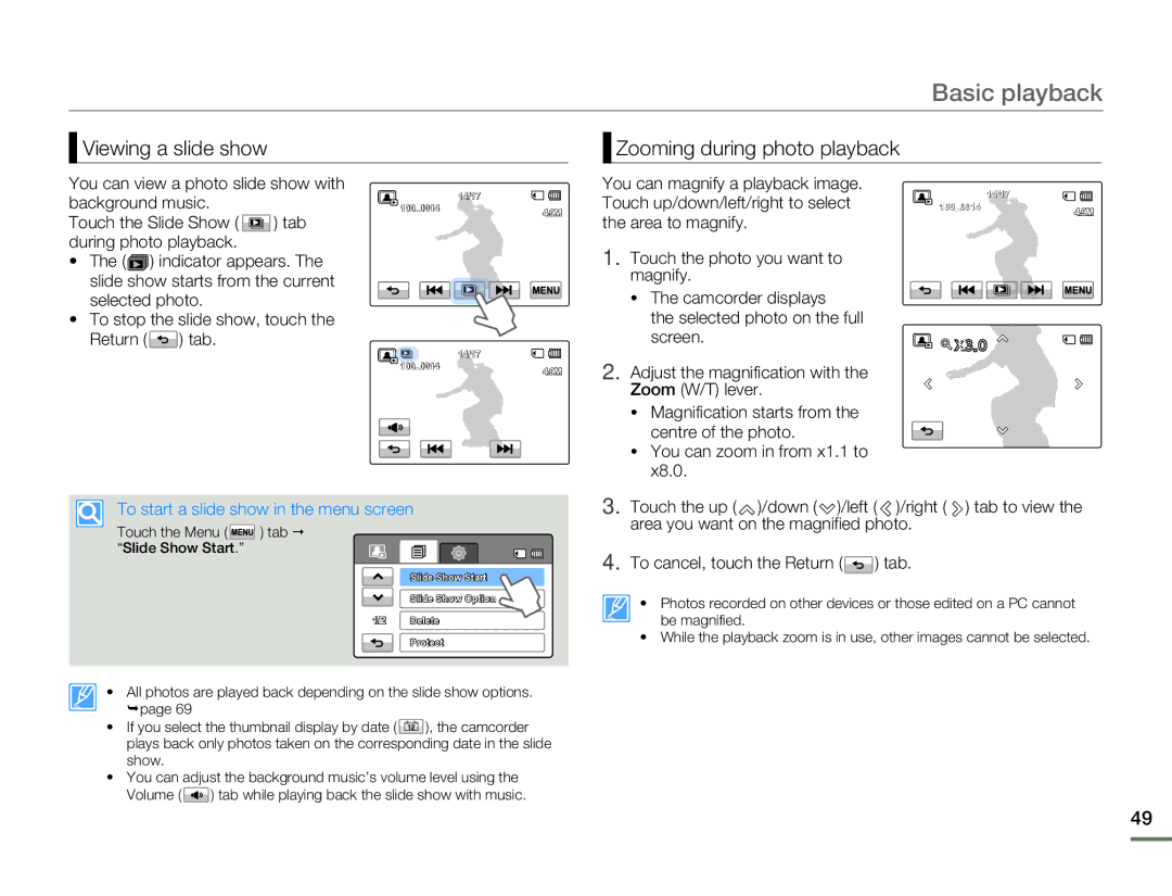 Samsung HMX-H300RP/XER manual Viewing a slide show Zooming during photo playback, To start a slide show in the menu screen 