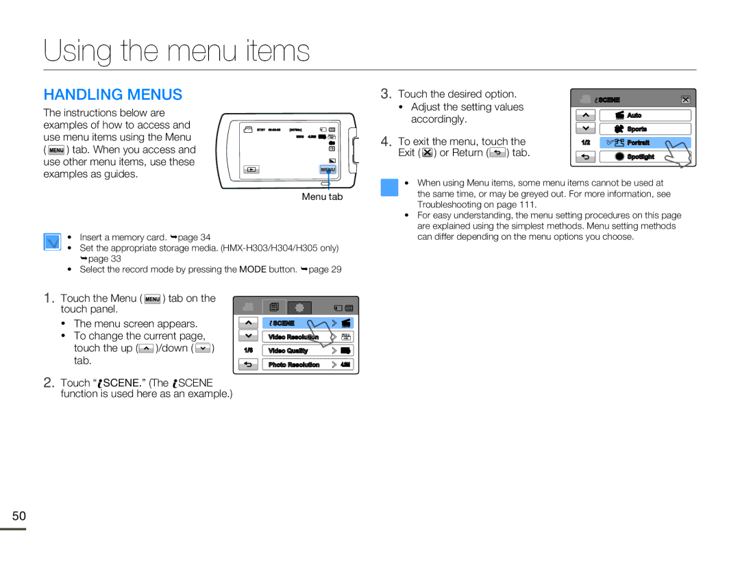 Samsung HMX-H300SP/XER, HMX-H304SP/MEA, HMX-H300BP/EDC, HMX-H300RP/EDC, HMX-H304BP/EDC Using the menu items, Handling Menus 