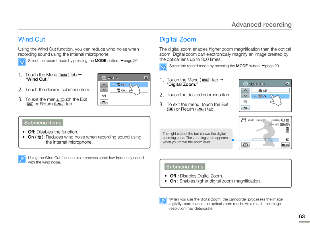 Samsung HMX-H303BP/EDC, HMX-H304SP/MEA Wind Cut Digital Zoom, Touch the Menu tab  Wind Cut Touch the desired submenu item 