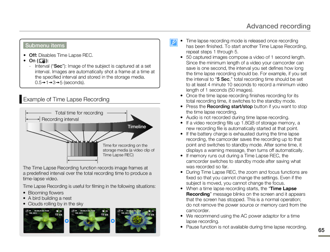 Samsung HMX-H300BP/AAW, HMX-H304SP/MEA manual Example of Time Lapse Recording, Off Disables Time Lapse REC, 135 seconds 