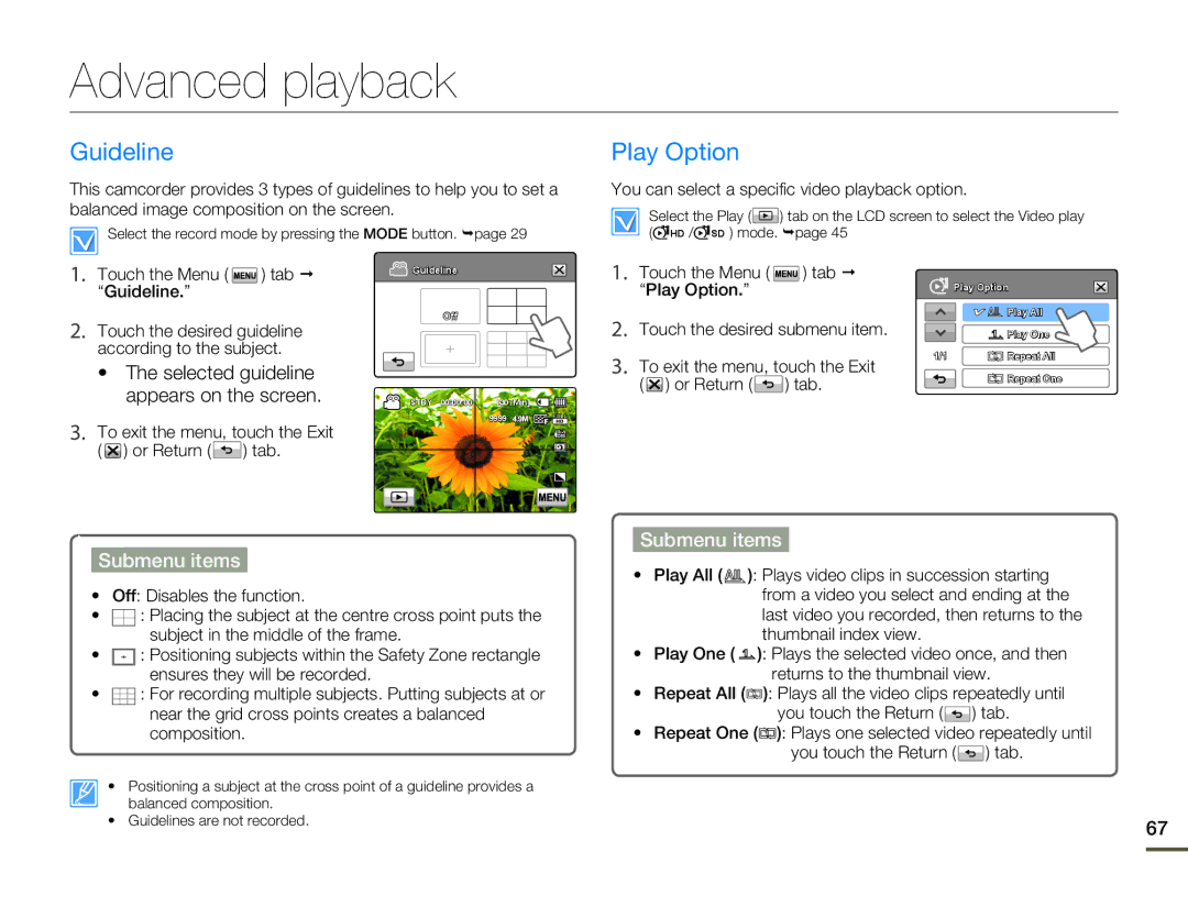 Samsung HMX-H300BP/MEA manual Advanced playback, Guideline, Play Option, You can select a specific video playback option 