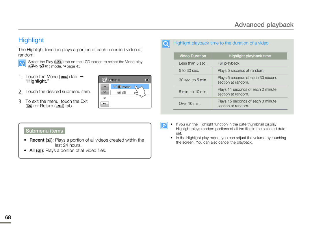 Samsung HMX-H300SP/AAW, HMX-H304SP/MEA manual Advanced playback, Highlight playback time to the duration of a video 