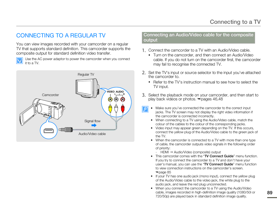 Samsung HMX-H300SP/EDC Connecting to a TV, Connecting to a Regular TV, Connecting an Audio/Video cable for the composite 