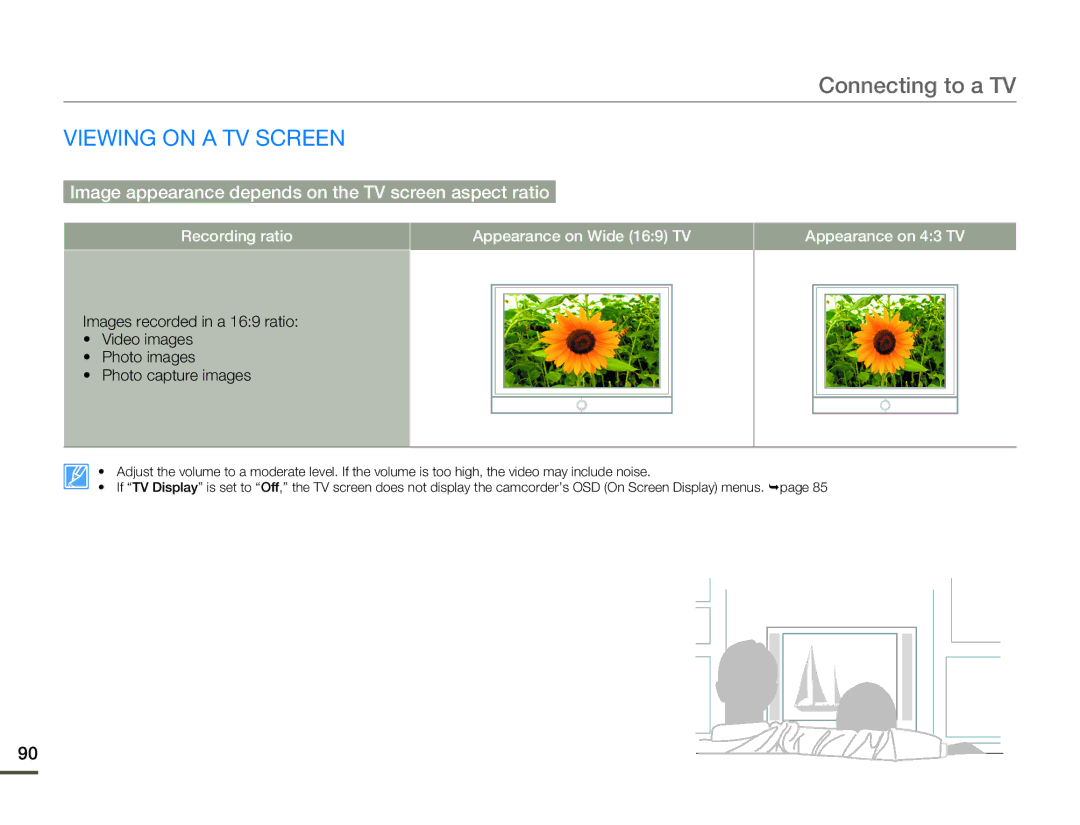 Samsung HMX-H303BP/EDC, HMX-H304SP/MEA manual Viewing on a TV Screen, Image appearance depends on the TV screen aspect ratio 