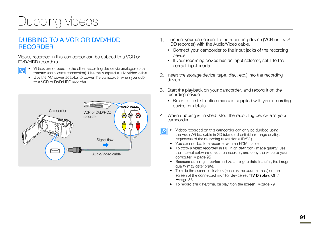 Samsung HMX-H320UP/EDC, HMX-H304SP/MEA, HMX-H300BP/EDC, HMX-H300RP/EDC Dubbing videos, Dubbing to a VCR or DVD/HDD Recorder 