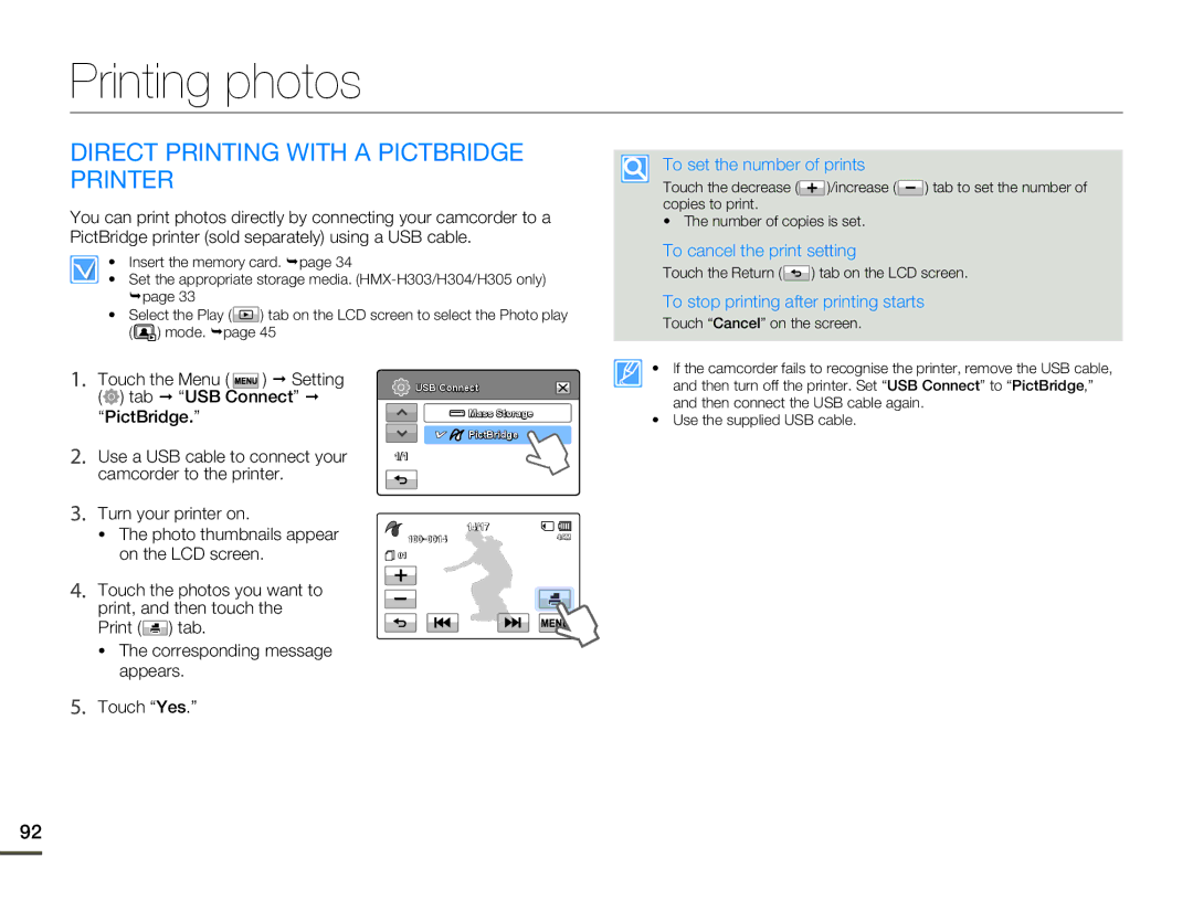 Samsung HMX-H300BP/AAW manual Printing photos, Direct Printing with a Pictbridge Printer, To set the number of prints 