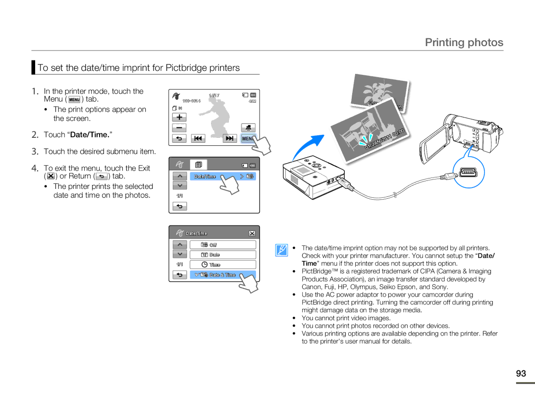 Samsung HMX-H300UP/MEA, HMX-H304SP/MEA manual Printing photos, To set the date/time imprint for Pictbridge printers 