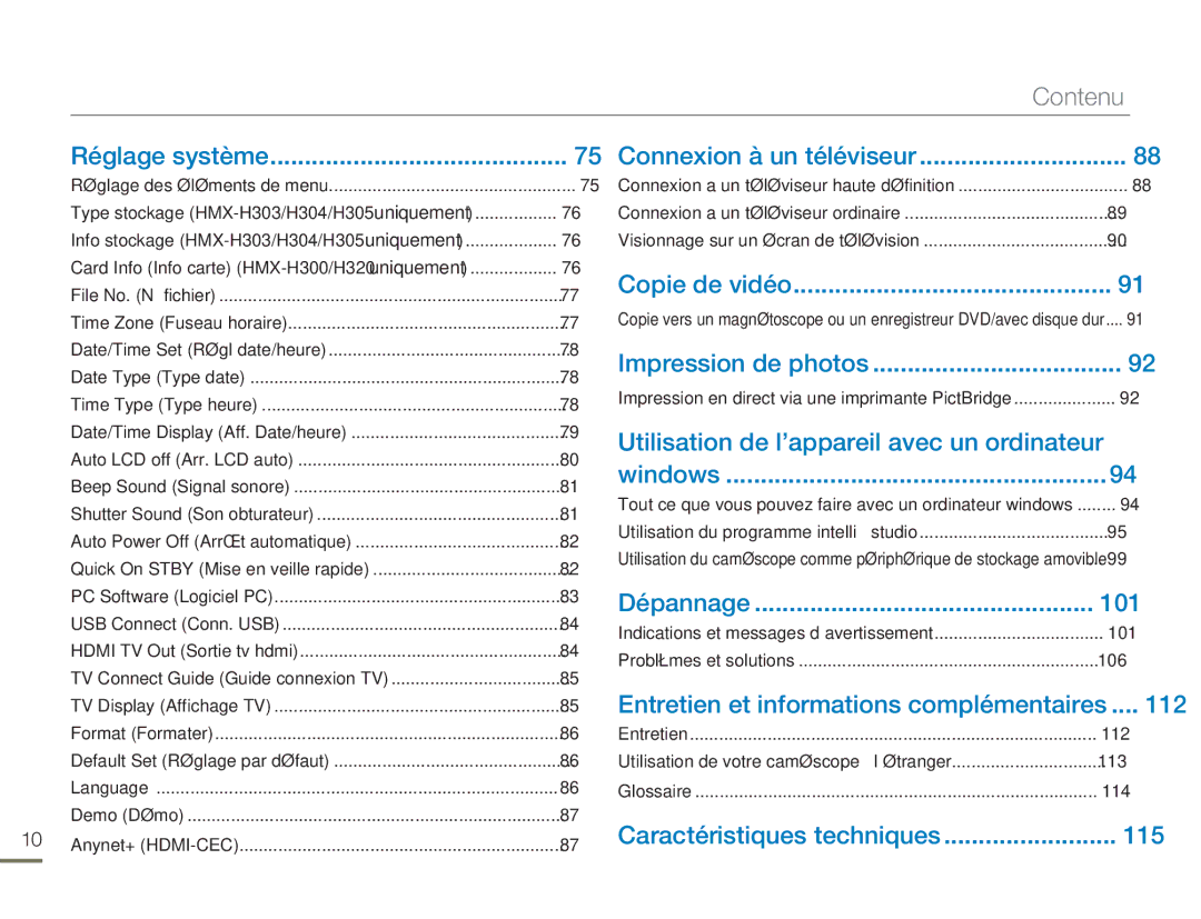 Samsung HMX-H304BP/EDC manual Connexion à un téléviseur, Utilisation de l’appareil avec un ordinateur, 101, 112, 115 