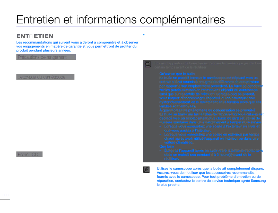 Samsung HMX-H304SP/MEA manual Entretien et informations complémentaires, Précautions de rangement, Nettoyage du caméscope 