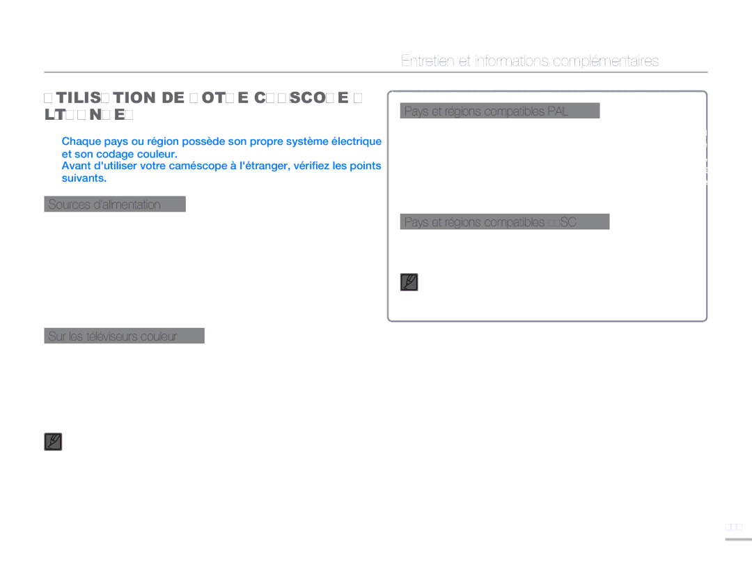 Samsung HMX-H300BP/EDC manual Entretien et informations complémentaires, Utilisation DE Votre Caméscope À L’ÉTRANGER 