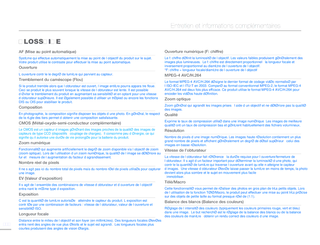 Samsung HMX-H300RP/EDC, HMX-H304SP/MEA, HMX-H300BP/EDC, HMX-H304BP/EDC manual Glossaire, AF Mise au point automatique 