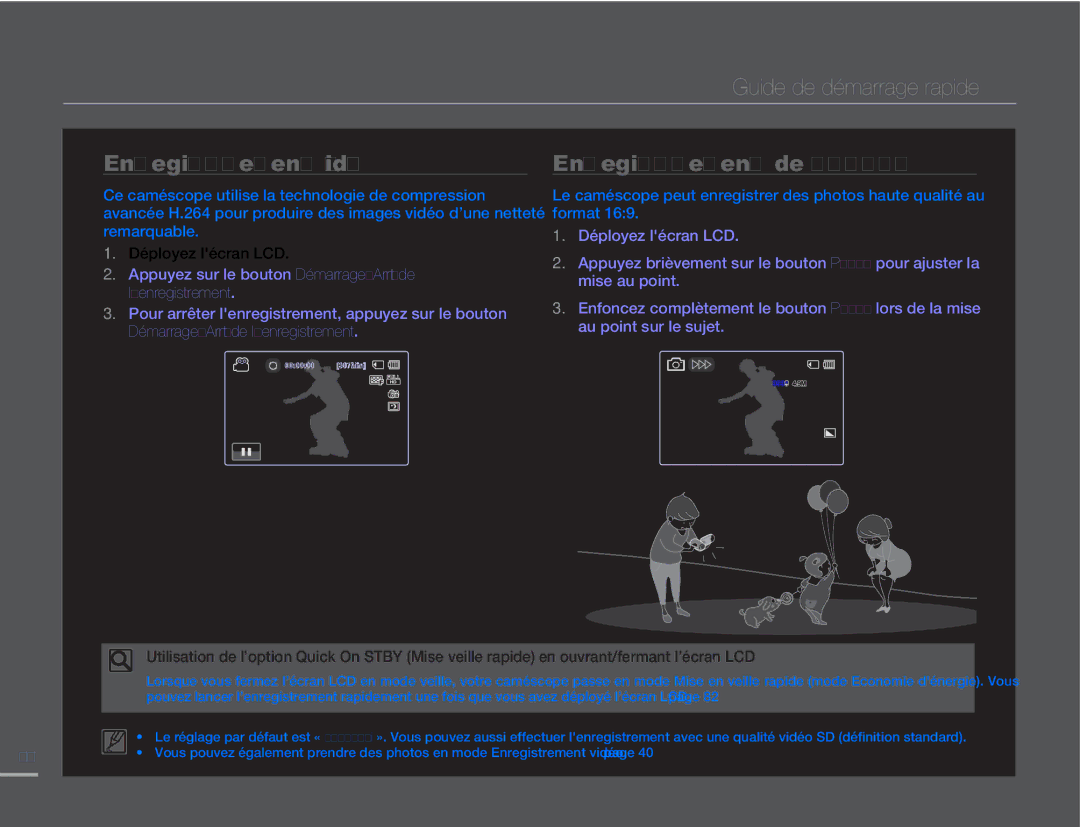 Samsung HMX-H320BP/EDC, HMX-H304SP/MEA manual Guide de démarrage rapide, Enregistrement vidéo, Enregistrement de photos 