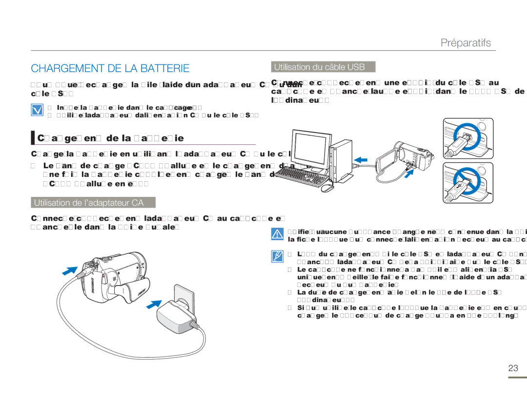 Samsung HMX-H300RP/EDC, HMX-H304SP/MEA manual Chargement DE LA Batterie, Chargement de la batterie, Utilisation du câble USB 