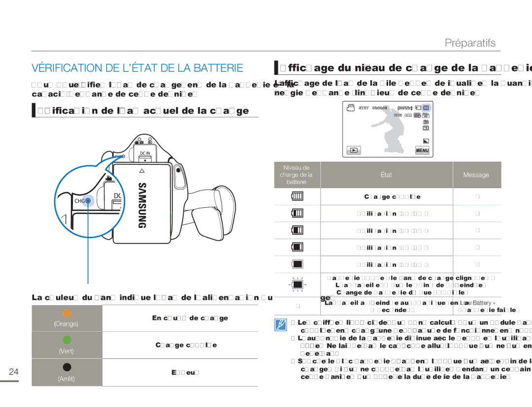 Samsung HMX-H304BP/EDC, HMX-H304SP/MEA Vérification DE L’ÉTAT DE LA Batterie, Vérification de l’état actuel de la charge 