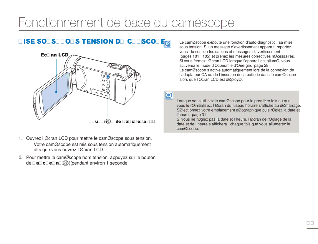 Samsung HMX-H320RP/EDC, HMX-H304SP/MEA Fonctionnement de base du caméscope, Mise SOUS/HORS Tension DU Caméscope, Ecran LCD 