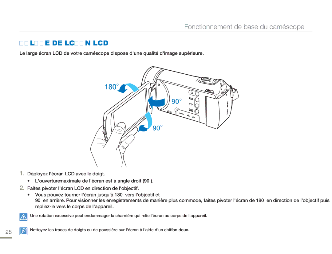 Samsung HMX-H304SP/MEA, HMX-H300BP/EDC, HMX-H300RP/EDC manual Fonctionnement de base du caméscope, Réglage DE L’ÉCRAN LCD 