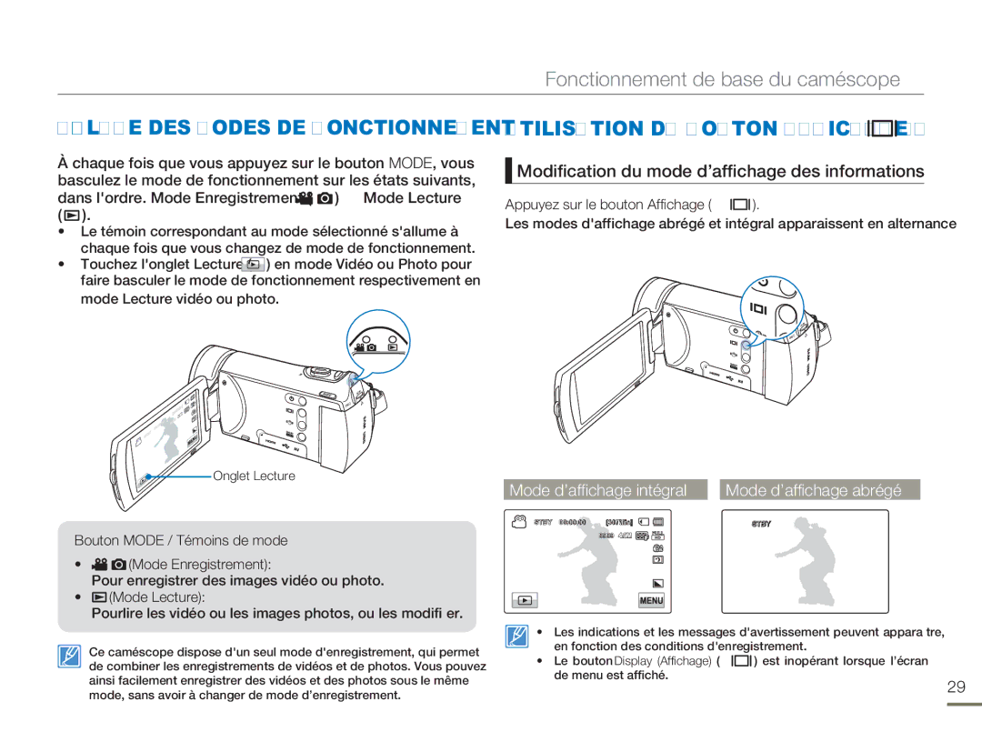 Samsung HMX-H300BP/EDC Réglage DES Modes DE Fonctionnement, Utilisation DU Bouton Affichage, Mode Lecture vidéo ou photo 