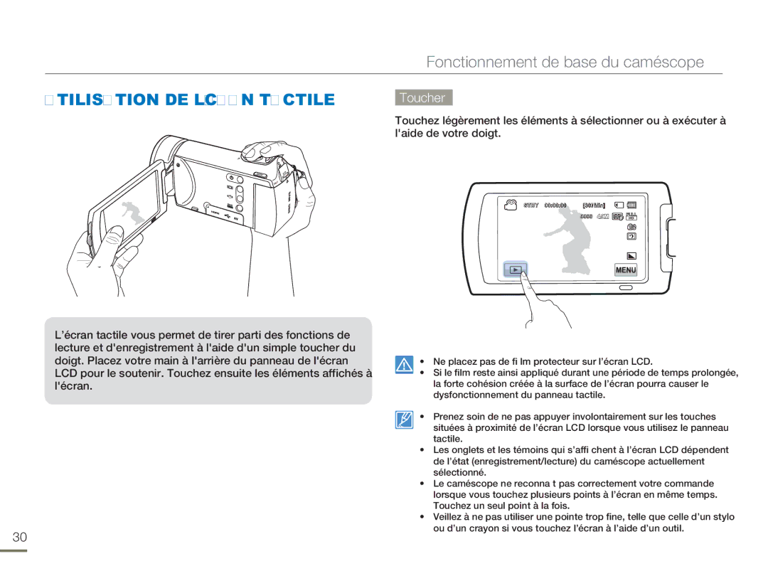 Samsung HMX-H300RP/EDC, HMX-H304SP/MEA, HMX-H300BP/EDC, HMX-H304BP/EDC manual Utilisation DE L’ÉCRAN Tactile, Toucher 