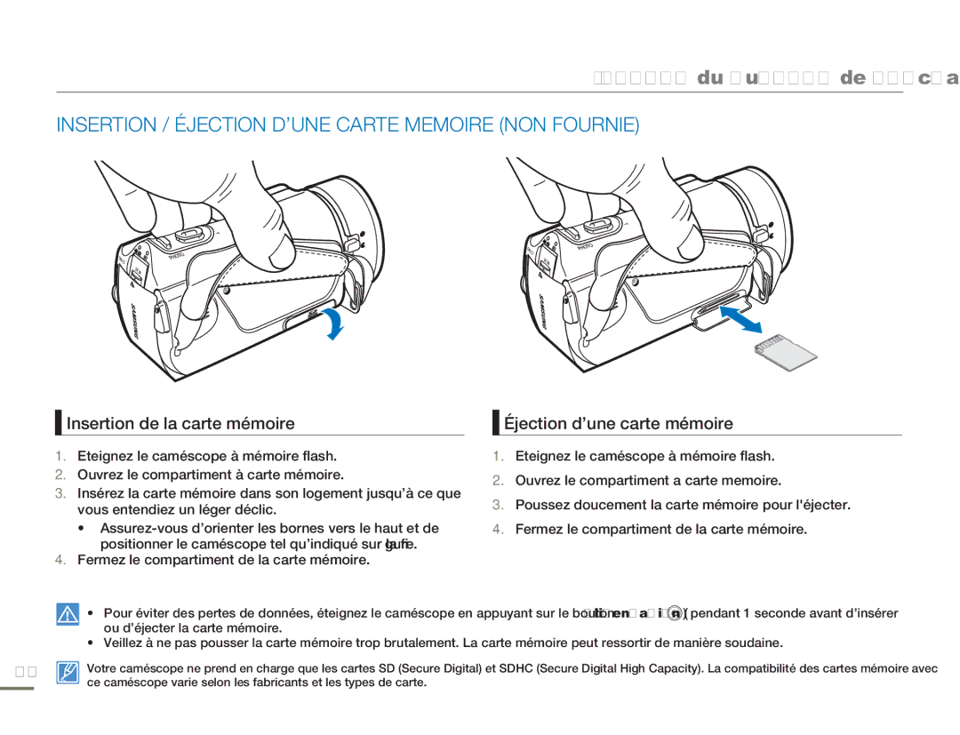 Samsung HMX-H320RP/EDC, HMX-H304SP/MEA Propos du support de stockage, Insertion / Éjection D’UNE Carte Memoire NON Fournie 