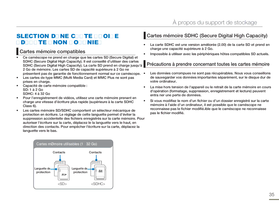 Samsung HMX-H304SP/MEA, HMX-H300BP/EDC manual Sélection D’UNE Carte Mémoire Adéquate NON Fournie, Cartes mémoire compatibles 