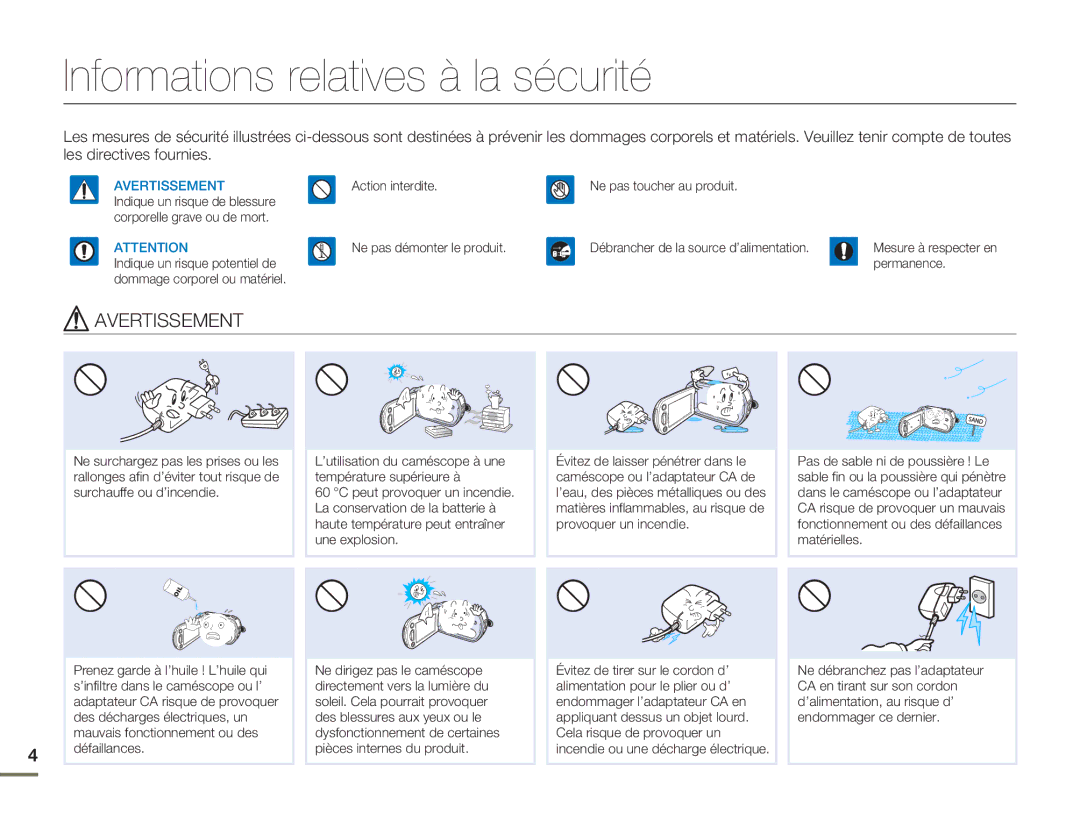 Samsung HMX-H304BP/MEA, HMX-H304SP/MEA, HMX-H300BP/EDC, HMX-H300RP/EDC Informations relatives à la sécurité, Avertissement 