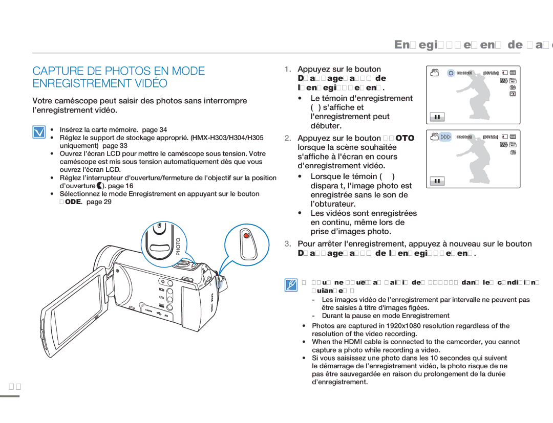 Samsung HMX-H320BP/EDC, HMX-H304SP/MEA, HMX-H300BP/EDC, HMX-H300RP/EDC manual Capture DE Photos EN Mode Enregistrement Vidéo 